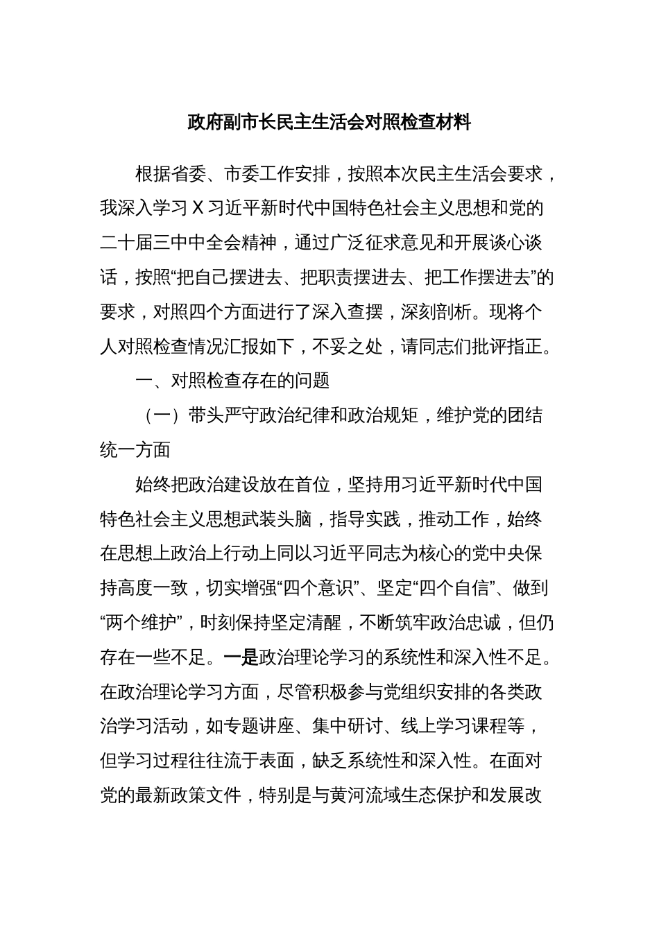政府副市长民主生活会对照检查材料_第1页