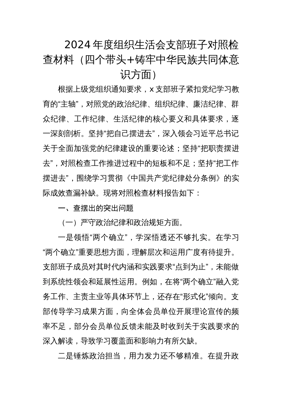 2024年度组织生活会支部班子对照检查材料（四个带头+铸牢中华民族共同体意识方面）_第1页