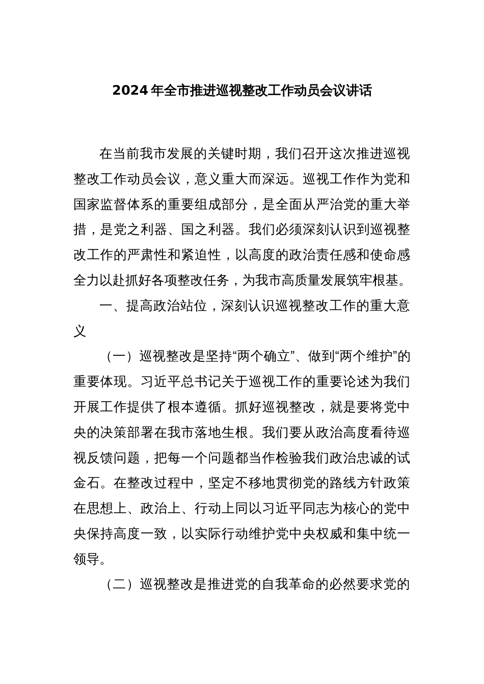 2024年全市推进巡视整改工作动员会议讲话_第1页