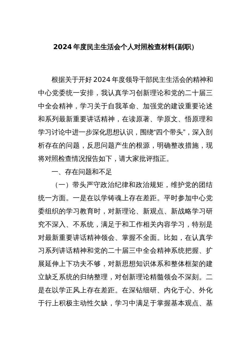 2024年度民主生活会个人对照检查材料(副职）_第1页