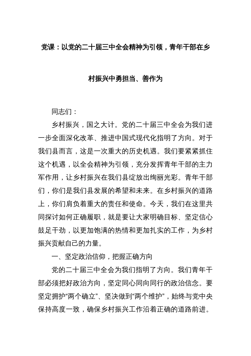 党课：以党的二十届三中全会精神为引领，青年干部在乡村振兴中勇担当、善作为_第1页