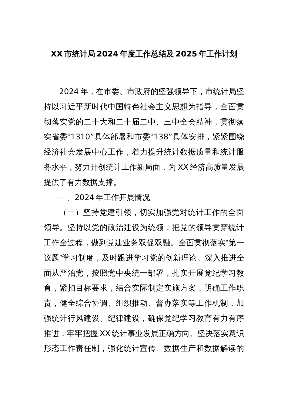 XX市统计局2024年度工作总结及2025年工作计划_第1页