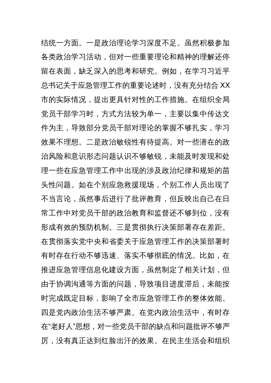 市应急管理局领导关于2024年度民主生活会个人对照检视剖析材料（主题教育整改措施落实情况+四个带头+典型案例举一反三剖析）_第3页