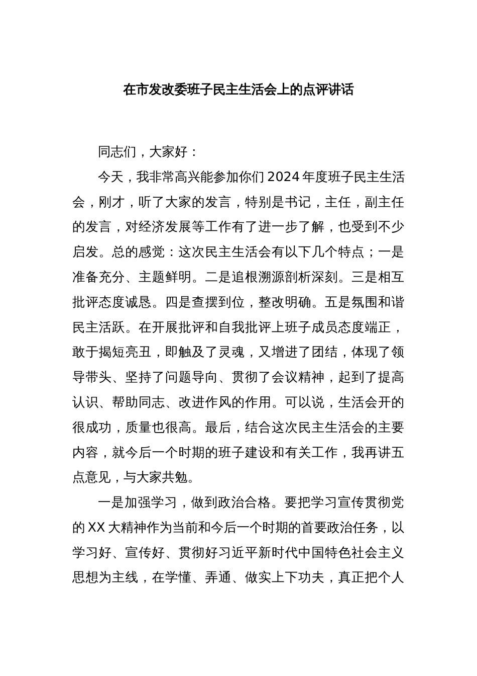 在市发改委班子民主生活会上的点评讲话_第1页