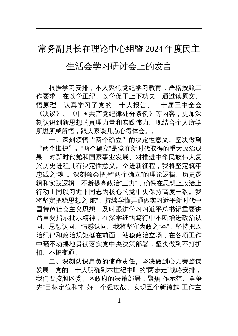 常务副县长在理论中心组暨2024年度民主生活会学习研讨会上的发言材料_第1页