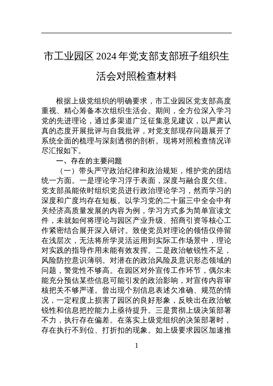 工业园区2024年党支部支部班子组织生活会对照检查发言材料_第1页