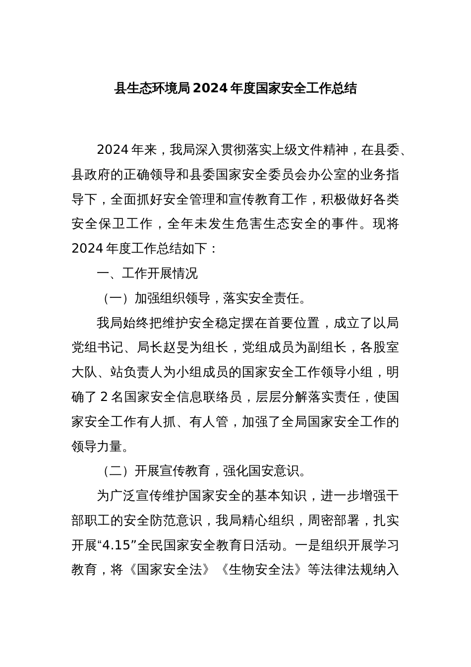 县生态环境局2024年度国家安全工作总结_第1页