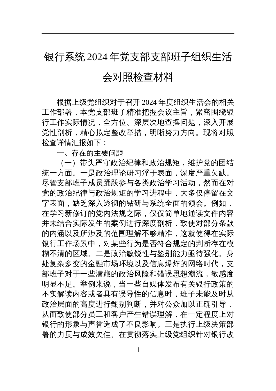 银行系统2024年度党支部支部班子组织生活会对照检查发言材料_第1页