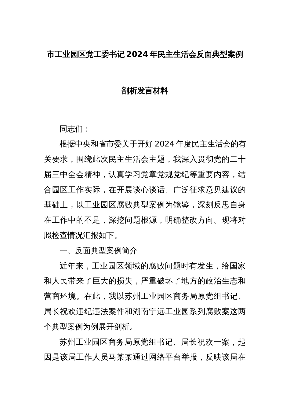 市工业园区党工委书记2024年民主生活会反面典型案例剖析发言材料_第1页