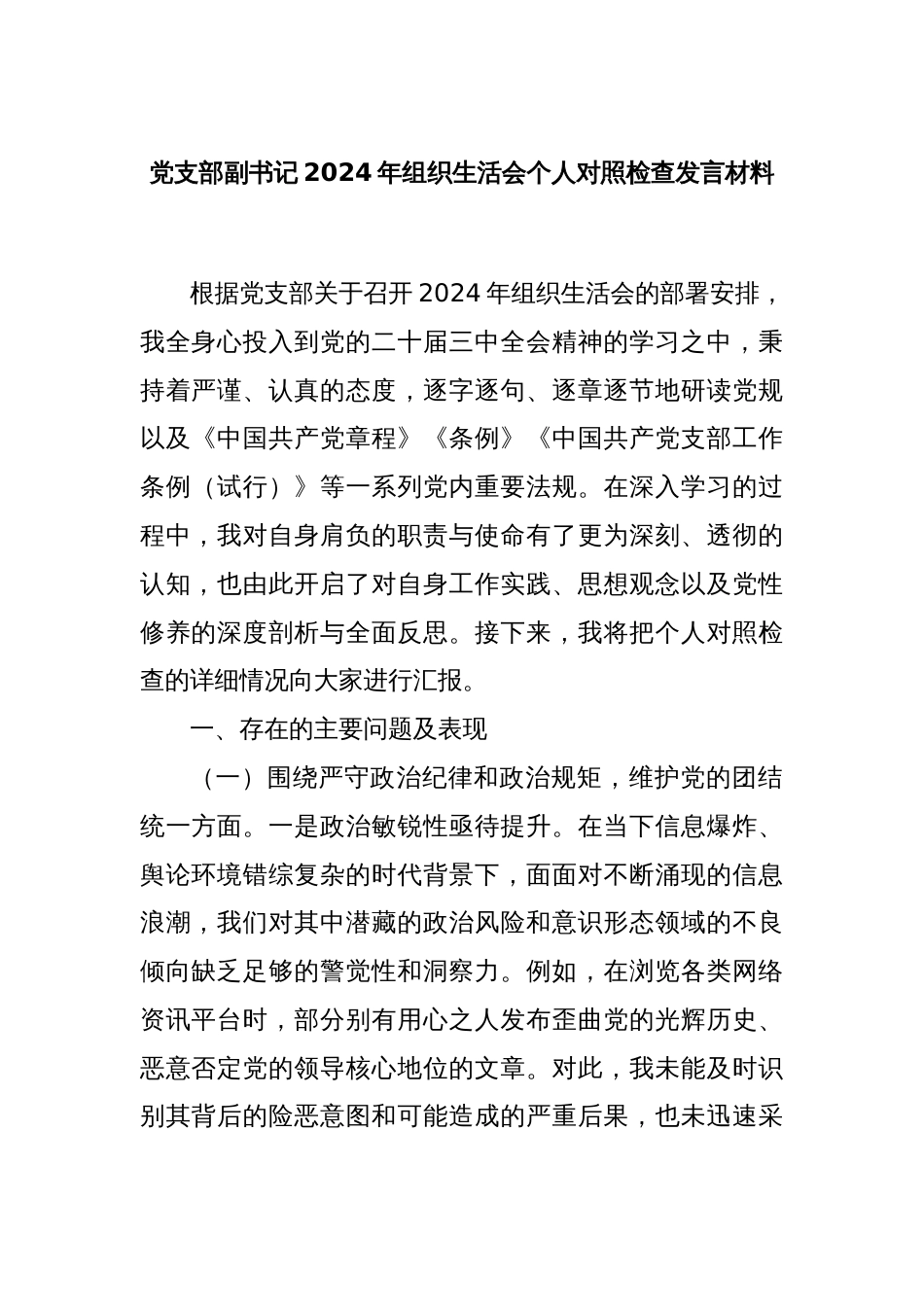 党支部副书记2024年组织生活会个人对照检查发言材料_第1页