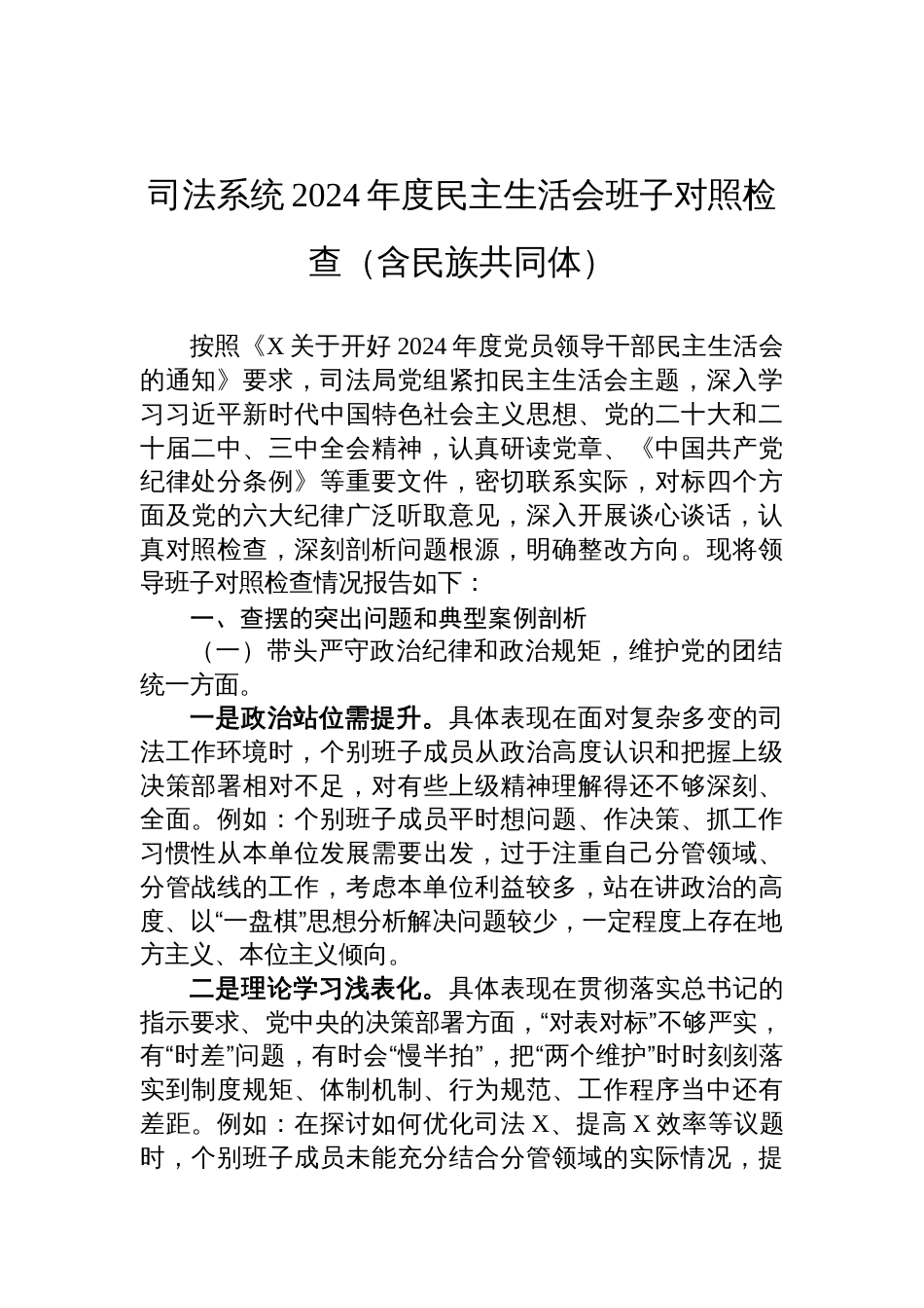 司法系统2024年度民主生活会班子对照检查发言（含民族共同体）_第1页