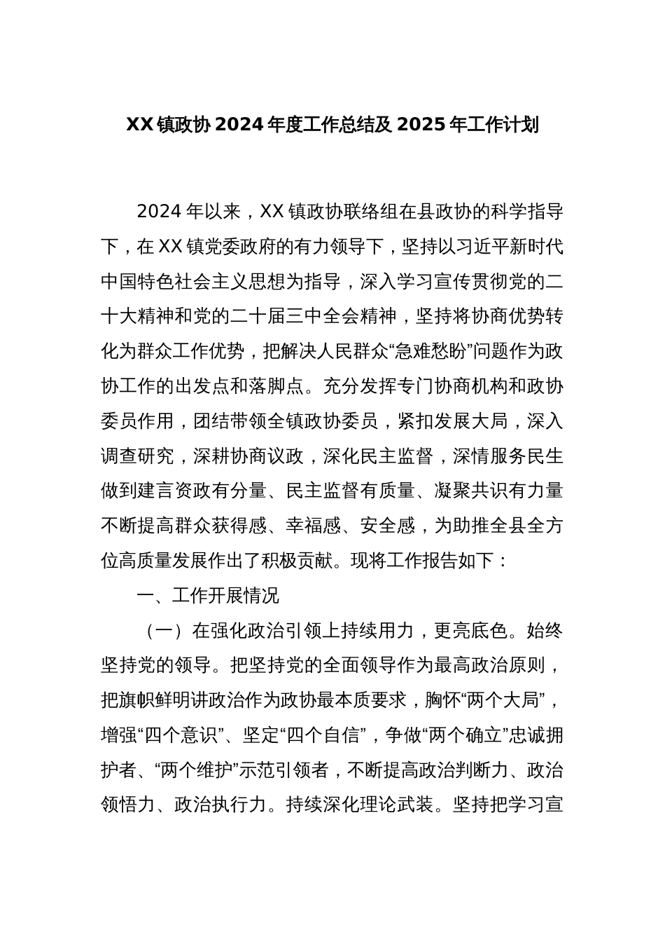 XX镇政协2024年度工作总结及2025年工作计划_第1页