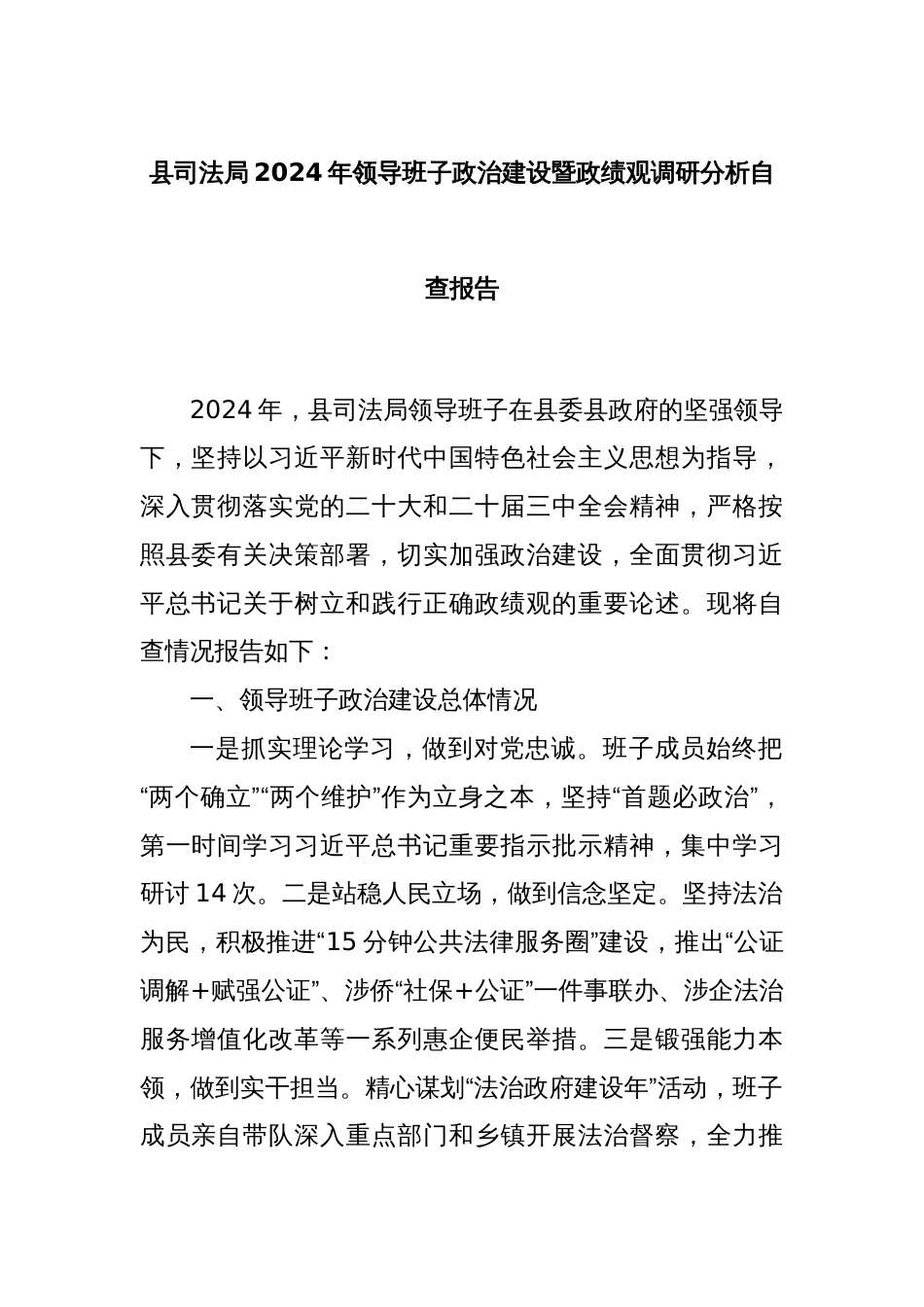 县司法局2024年领导班子政治建设暨政绩观调研分析自查报告_第1页