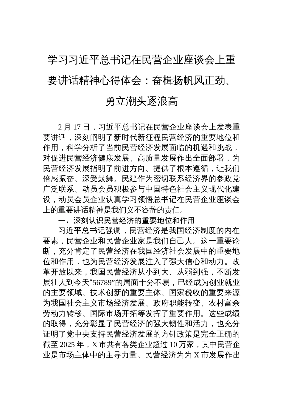 学习2025在民营企业座谈会上重要讲话精神心得体会：奋楫扬帆风正劲、勇立潮头逐浪高_第1页