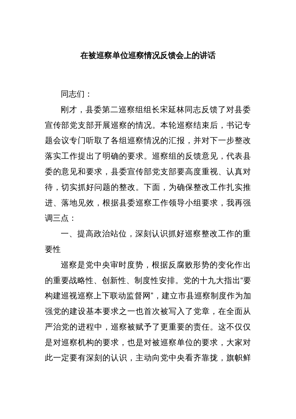 在被巡察单位巡察情况反馈会上的讲话_第1页