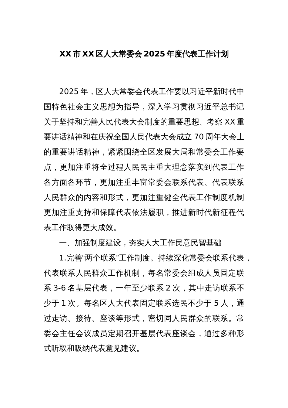 XX市XX区人大常委会2025年度代表工作计划_第1页