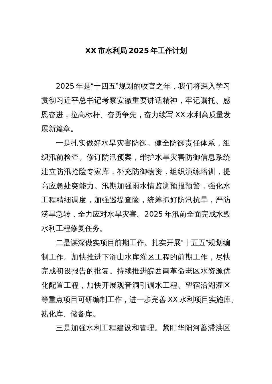 XX市水利局2025年工作计划_第1页