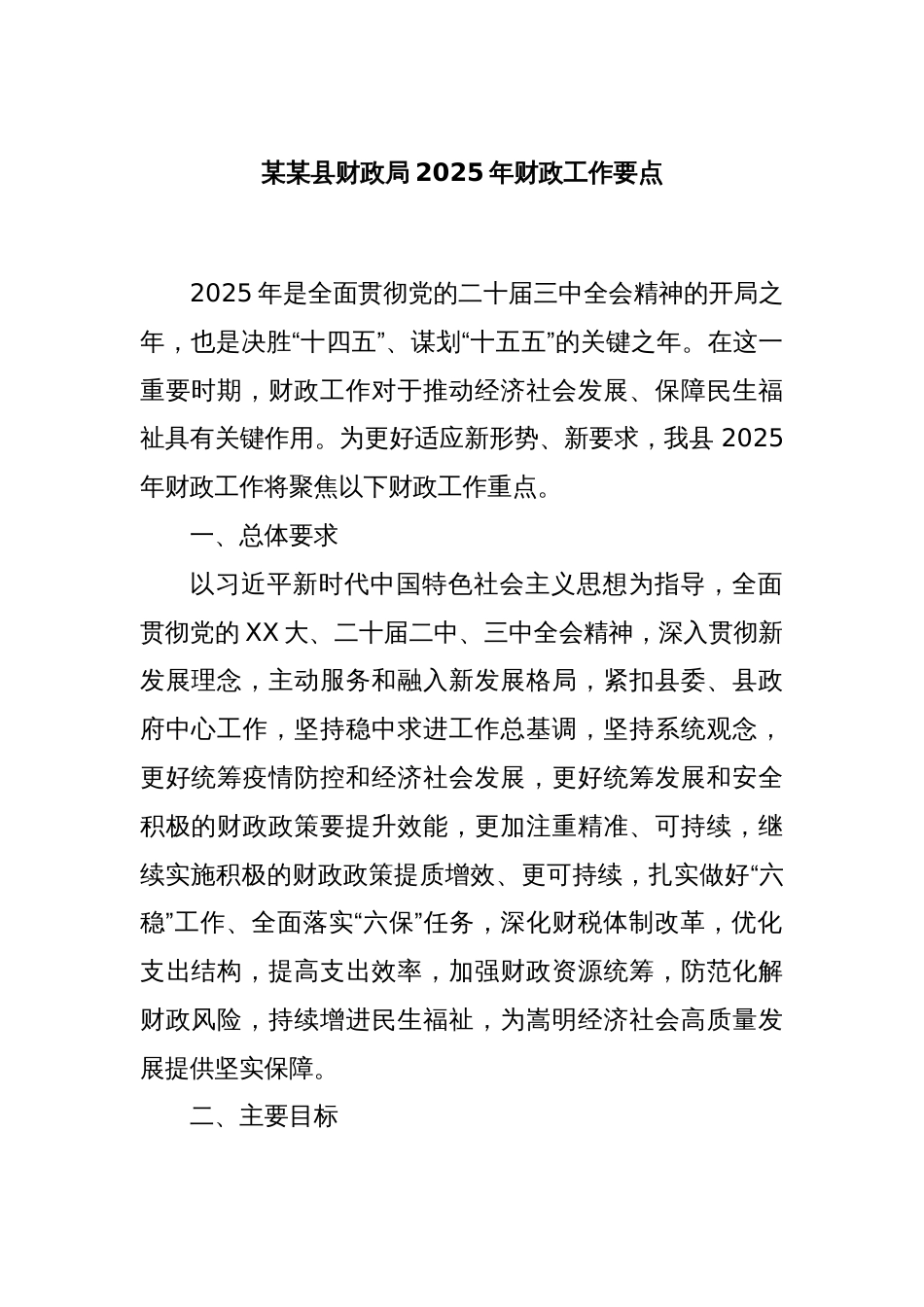 某某县财政局2025年财政工作要点_第1页