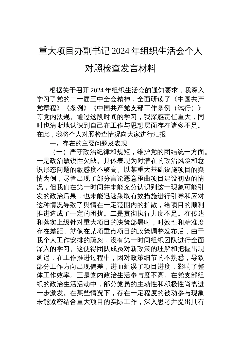 重大项目办副书记2024年度组织生活会个人对照检查发言材料_第1页