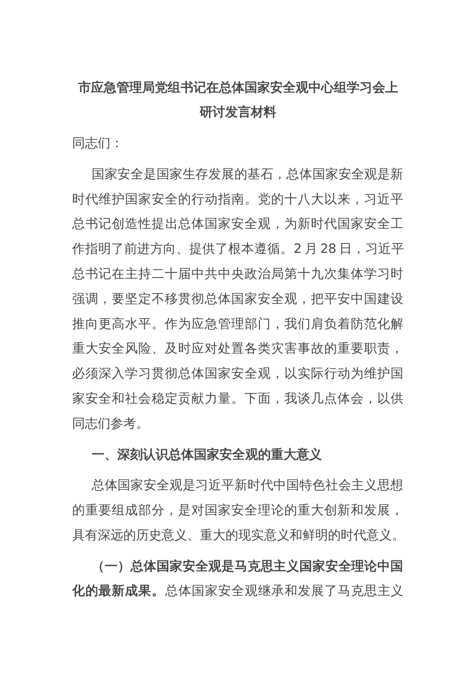 市应急管理局党组书记在总体国家安全观中心组学习会上研讨发言材料_第1页