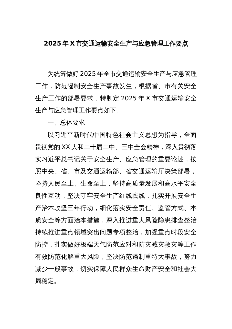 2025年X市交通运输安全生产与应急管理工作要点_第1页