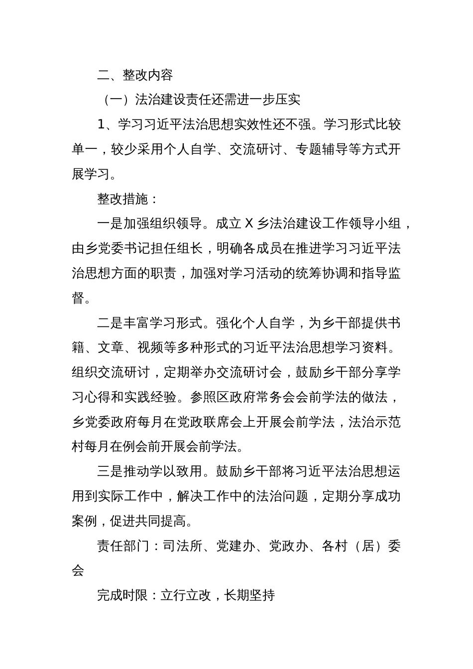 X乡关于全面依法治市重点工作专项督察反馈问题的整改工作方案_第2页