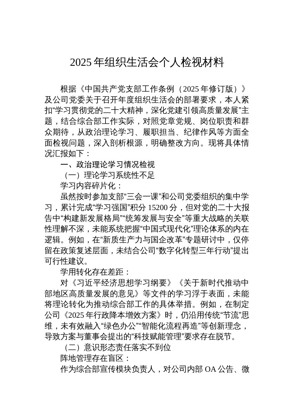 2025年组织生活会个人检视发言材料_第1页