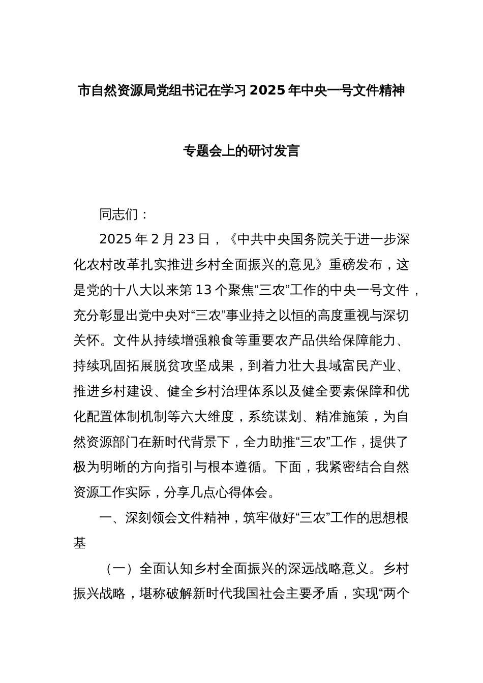 市自然资源局党组书记在学习2025年中央一号文件精神专题会上的研讨发言_第1页
