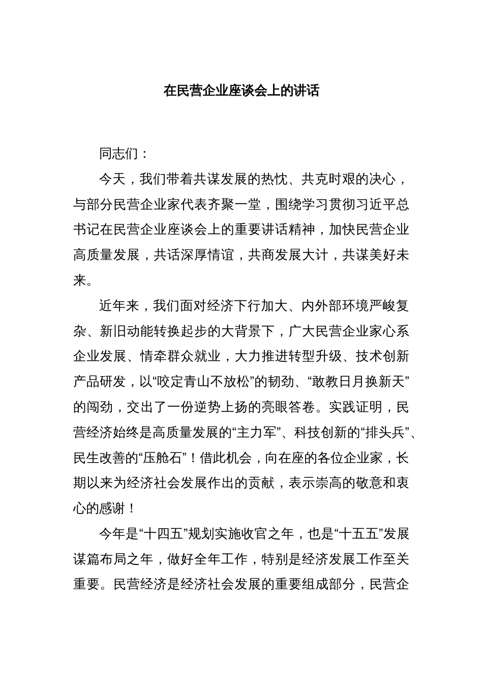 在民营企业座谈会上的讲话_第1页