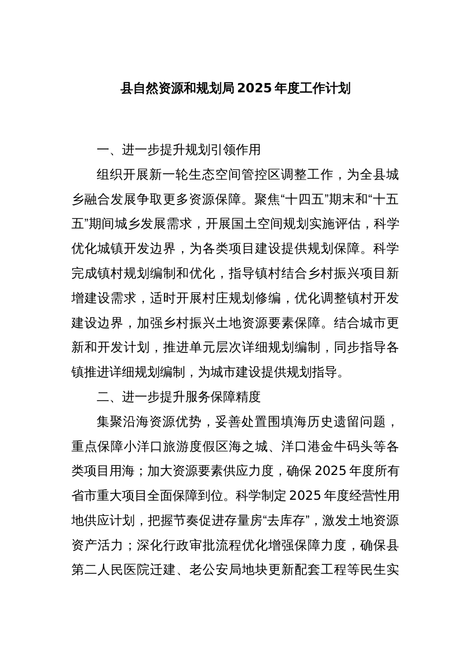 县自然资源和规划局2025年度工作计划_第1页