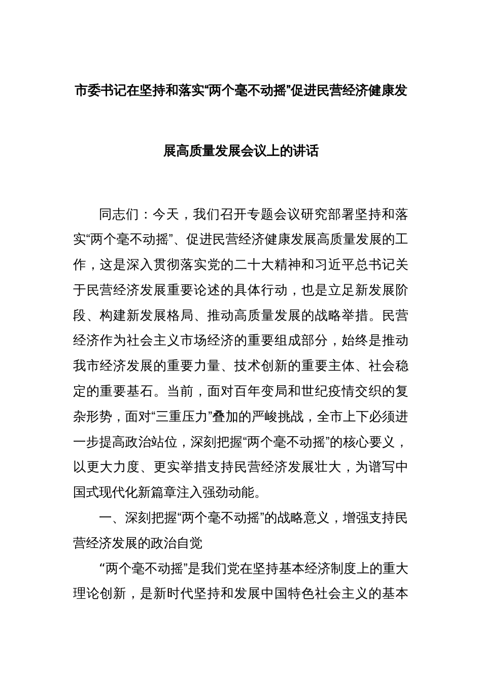市委书记在坚持和落实“两个毫不动摇”促进民营经济健康发展高质量发展会议上的讲话_第1页