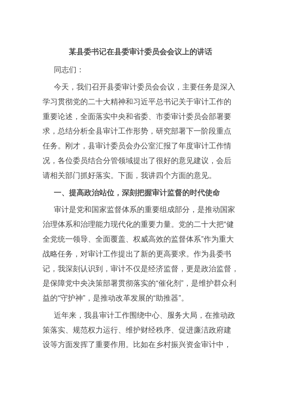 某县委书记在县委审计委员会会议上的讲话_第1页