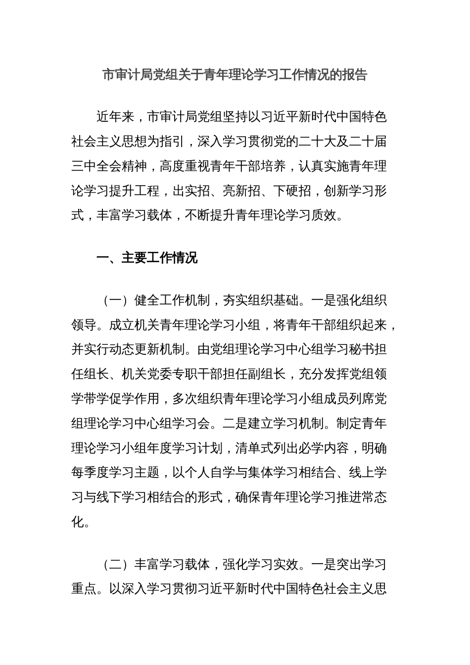市审计局党组关于青年理论学习工作情况的报告_第1页