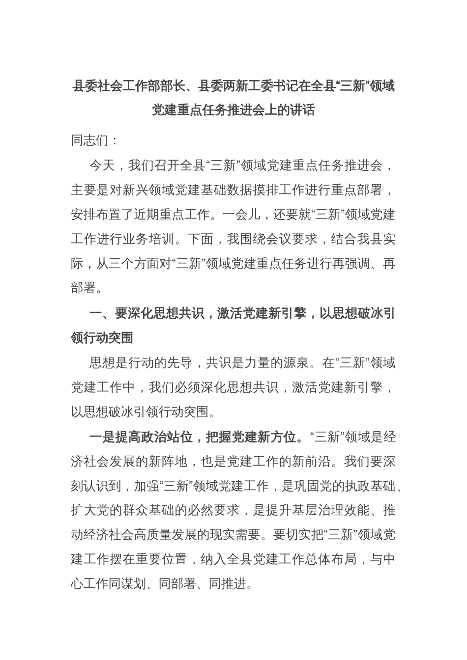 县委社会工作部部长、县委两新工委书记在全县“三新”领域党建重点任务推进会上的讲话_第1页