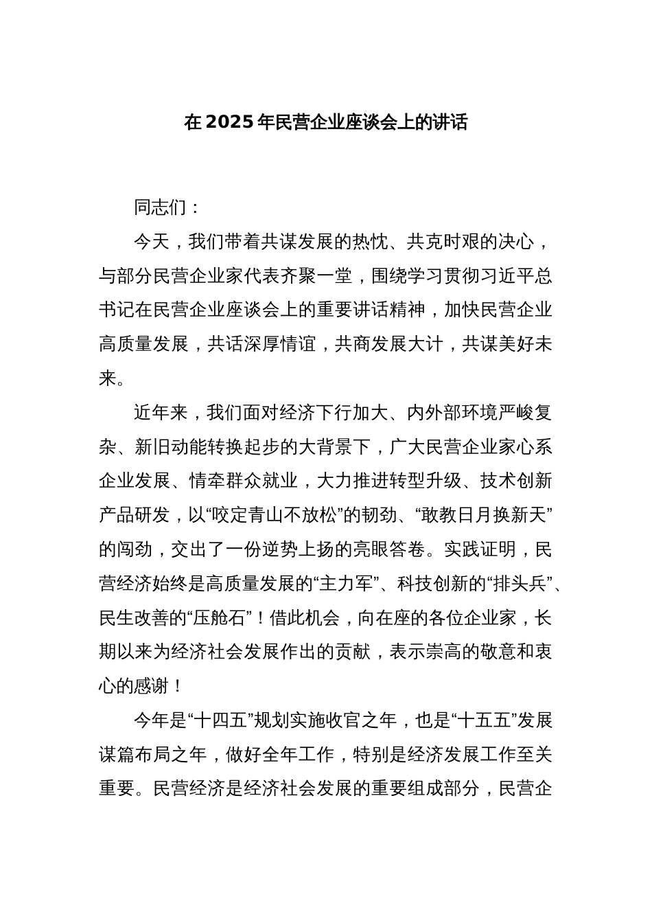 在2025年民营企业座谈会上的讲话_第1页