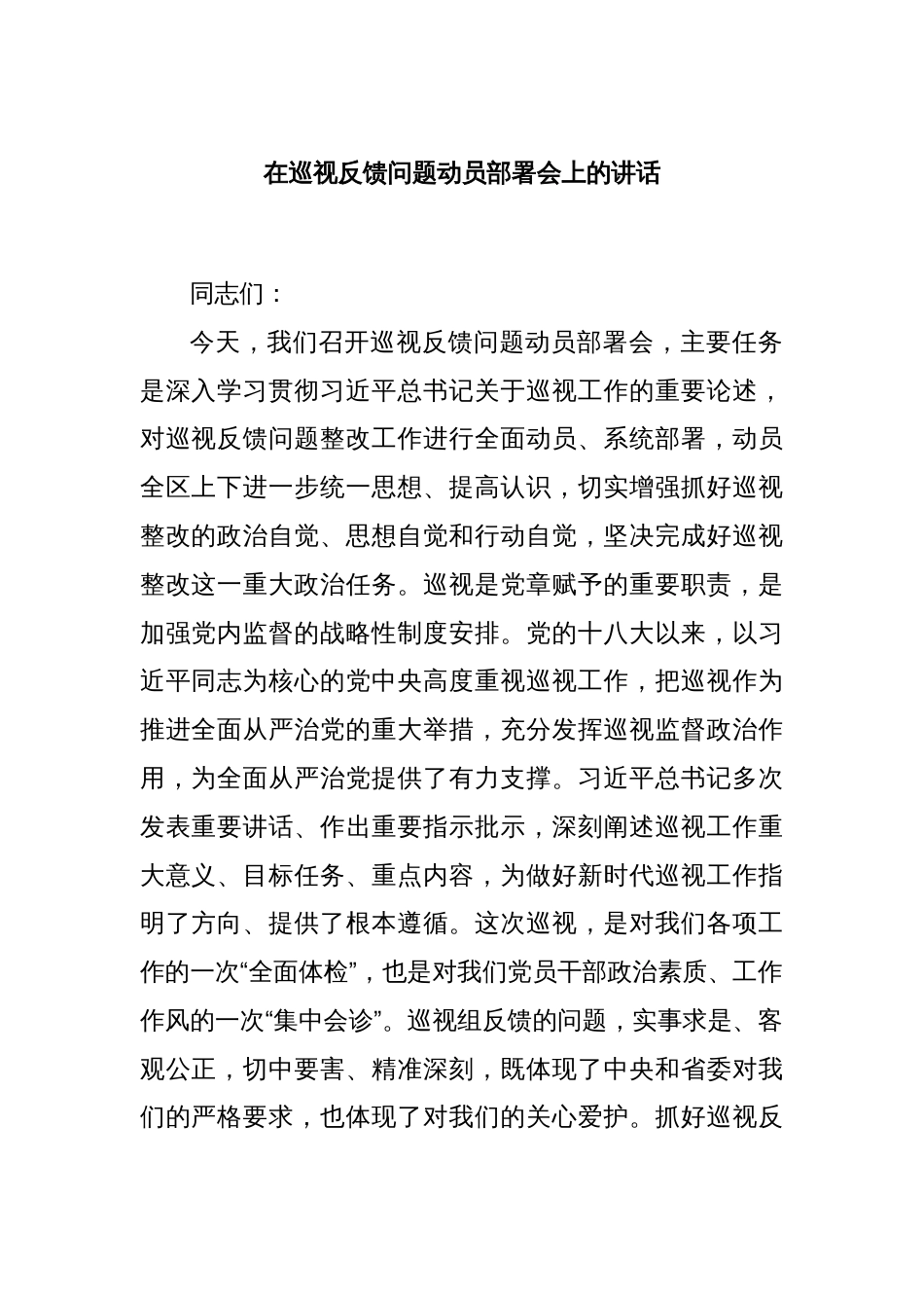 在巡视反馈问题动员部署会上的讲话_第1页