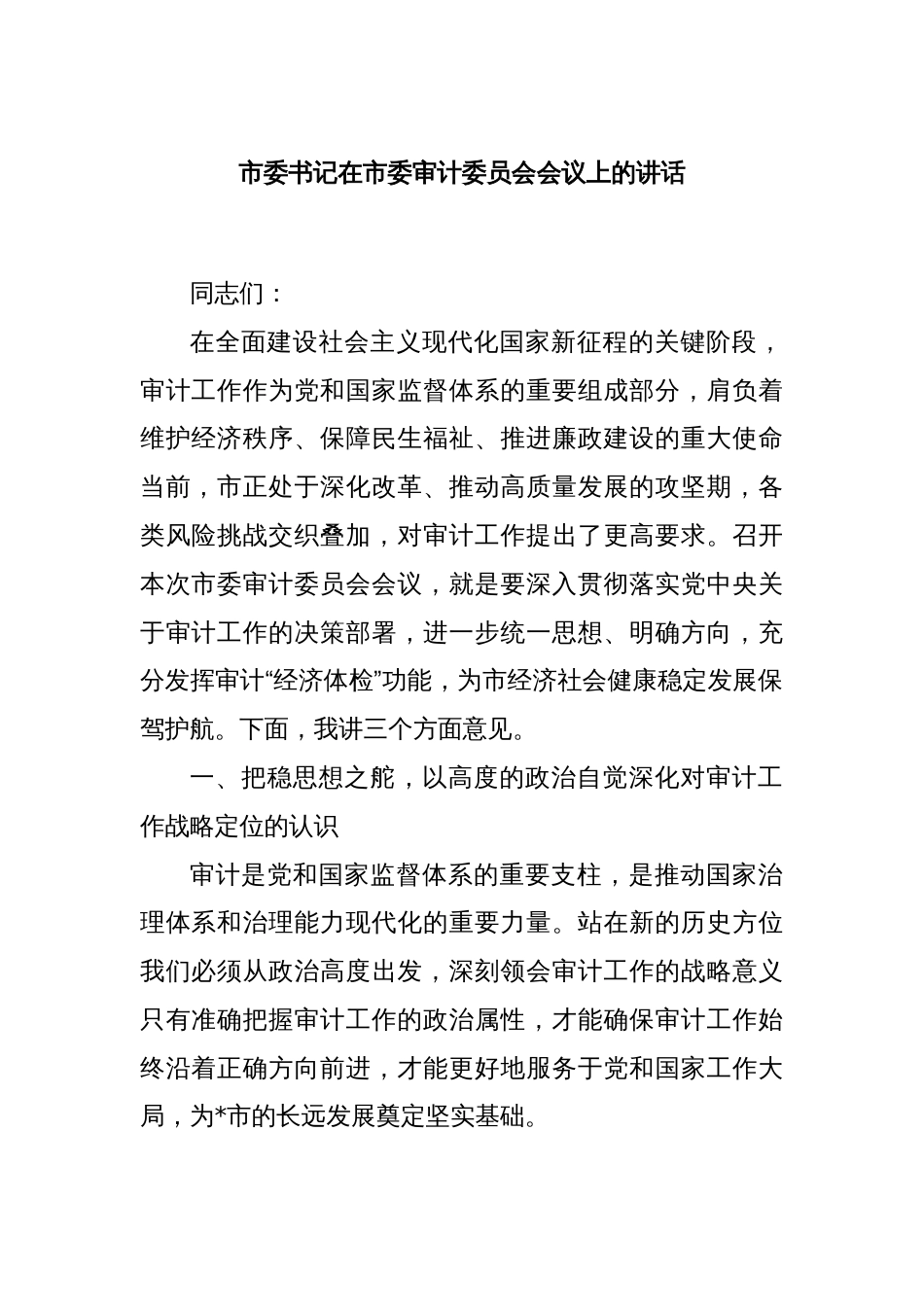 市委书记在市委审计委员会会议上的讲话_第1页