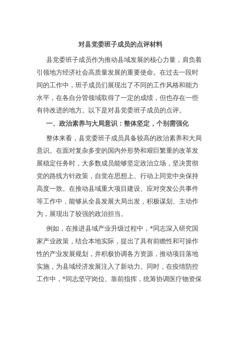 对县党委班子成员的点评材料_第1页
