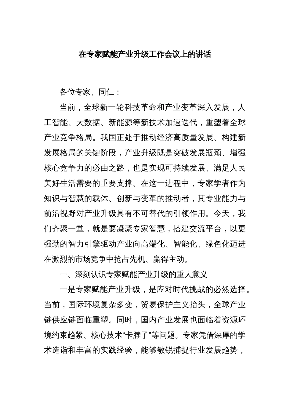 在专家赋能产业升级工作会议上的讲话_第1页