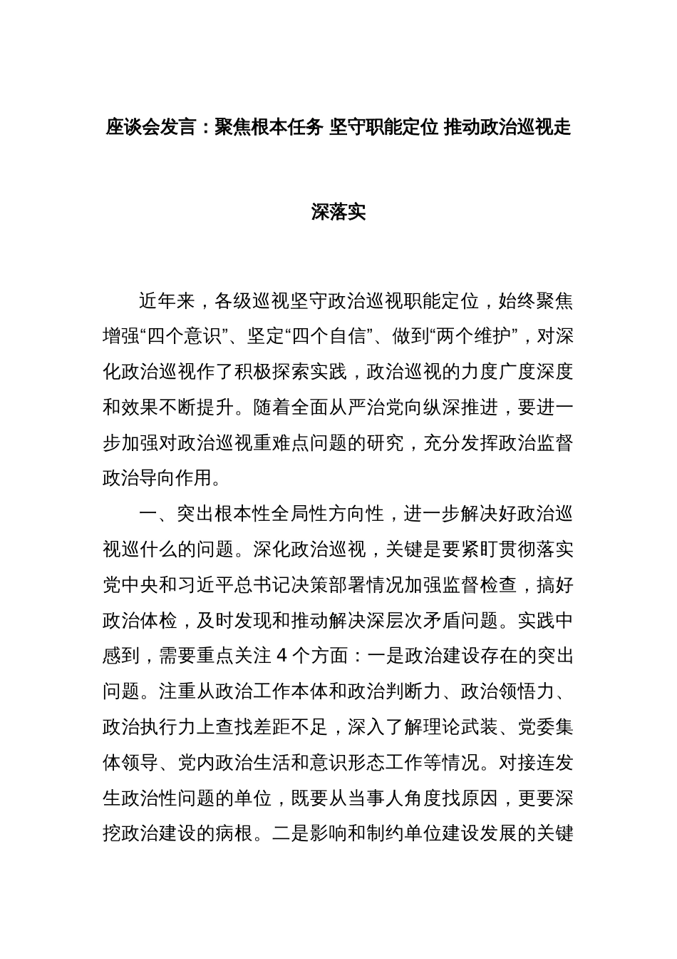 座谈会发言：聚焦根本任务 坚守职能定位 推动政治巡视走深落实_第1页