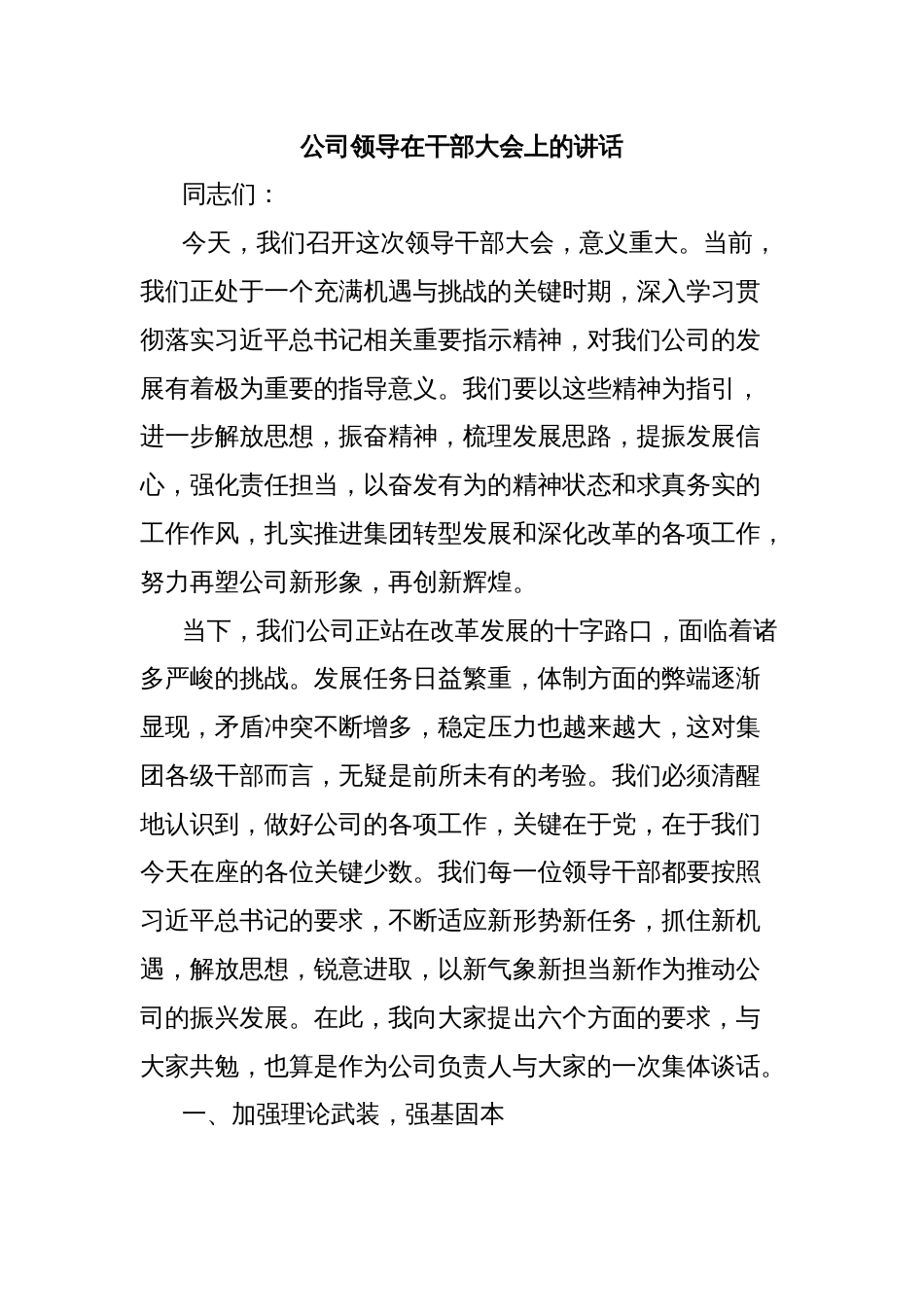 公司领导在干部大会上的讲话_第1页