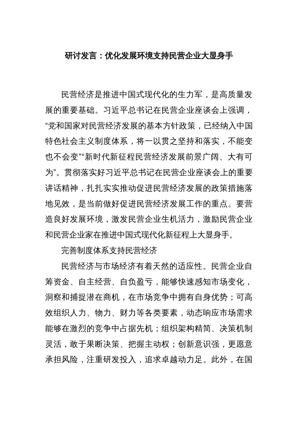 研讨发言：优化发展环境支持民营企业大显身手_第1页