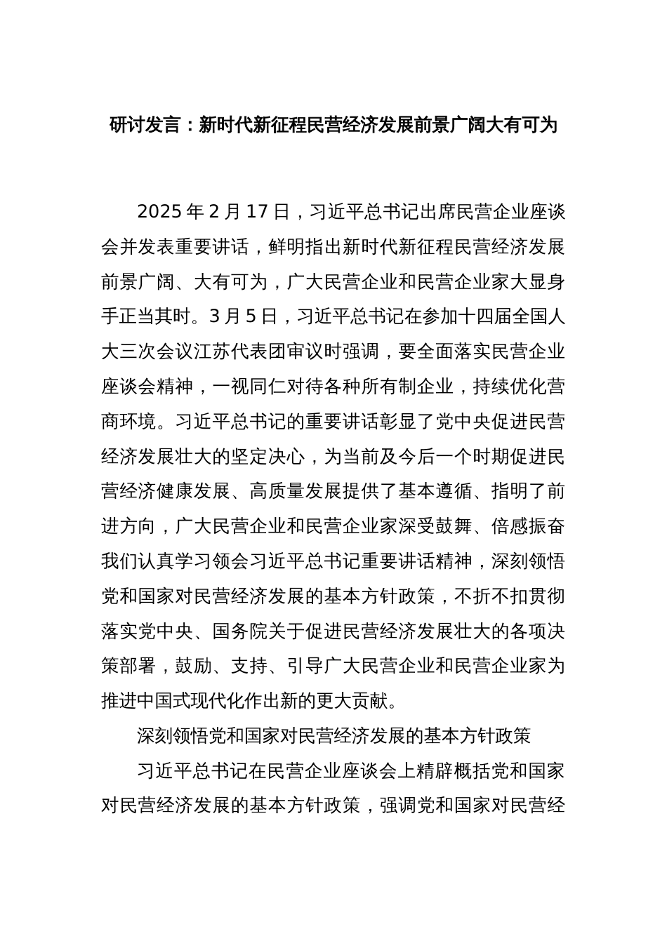 研讨发言：新时代新征程民营经济发展前景广阔大有可为_第1页