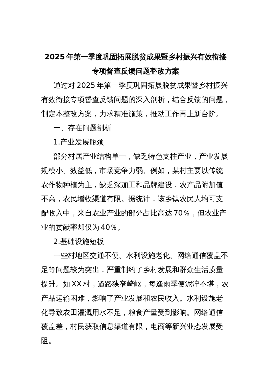 2025年第一季度巩固拓展脱贫成果暨乡村振兴有效衔接专项督查反馈问题整改方案_第1页