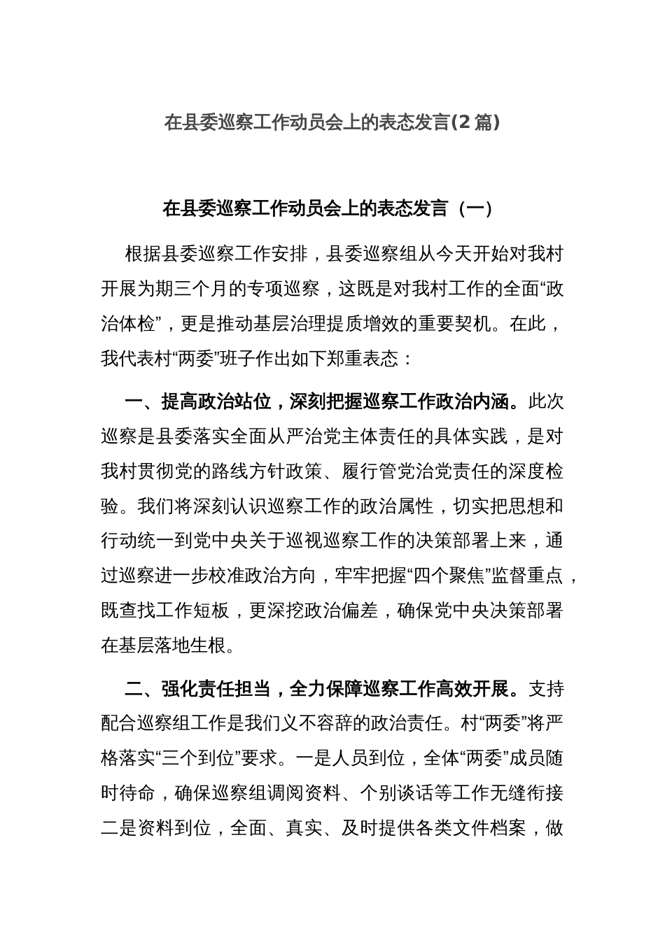 (2篇)在县委巡察工作动员会上的表态发言_第1页