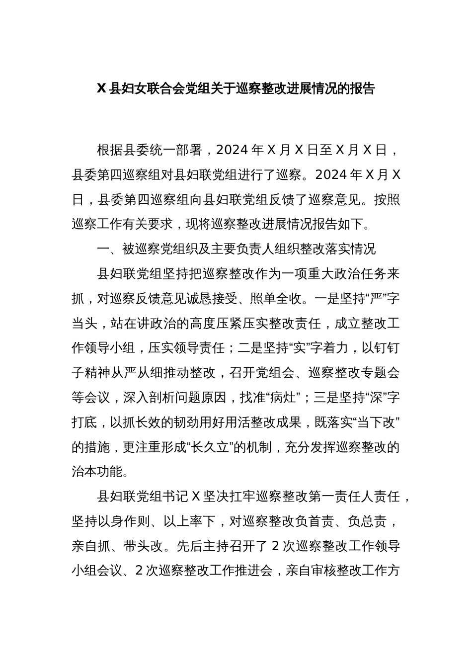 X县妇女联合会党组关于巡察整改进展情况的报告_第1页