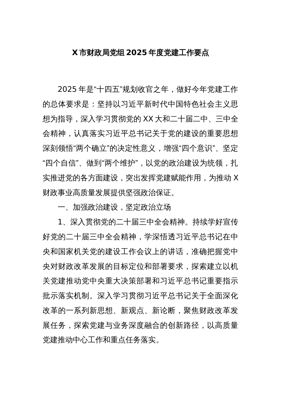 X市财政局党组2025年度党建工作要点_第1页