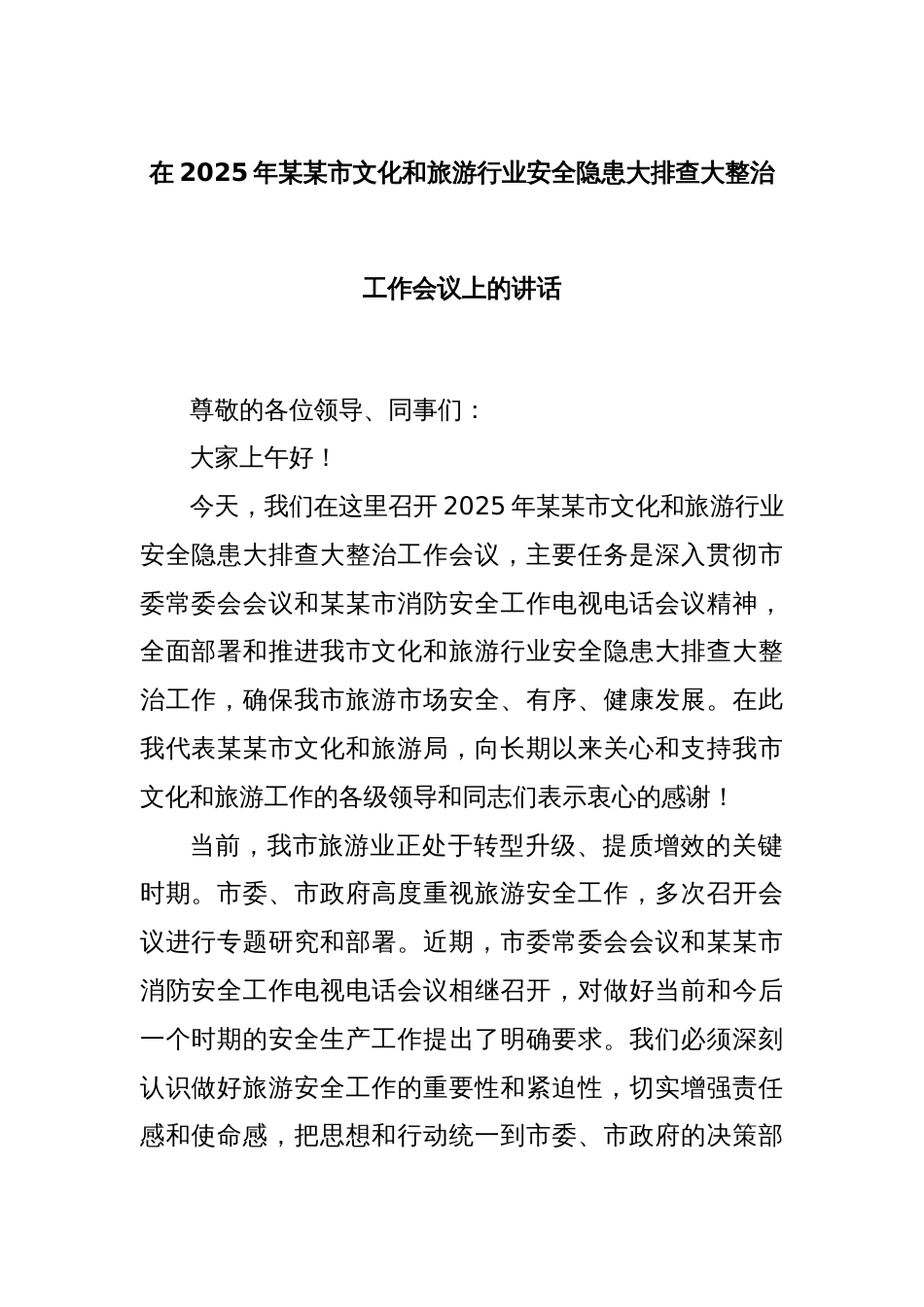在2025年某某市文化和旅游行业安全隐患大排查大整治工作会议上的讲话_第1页