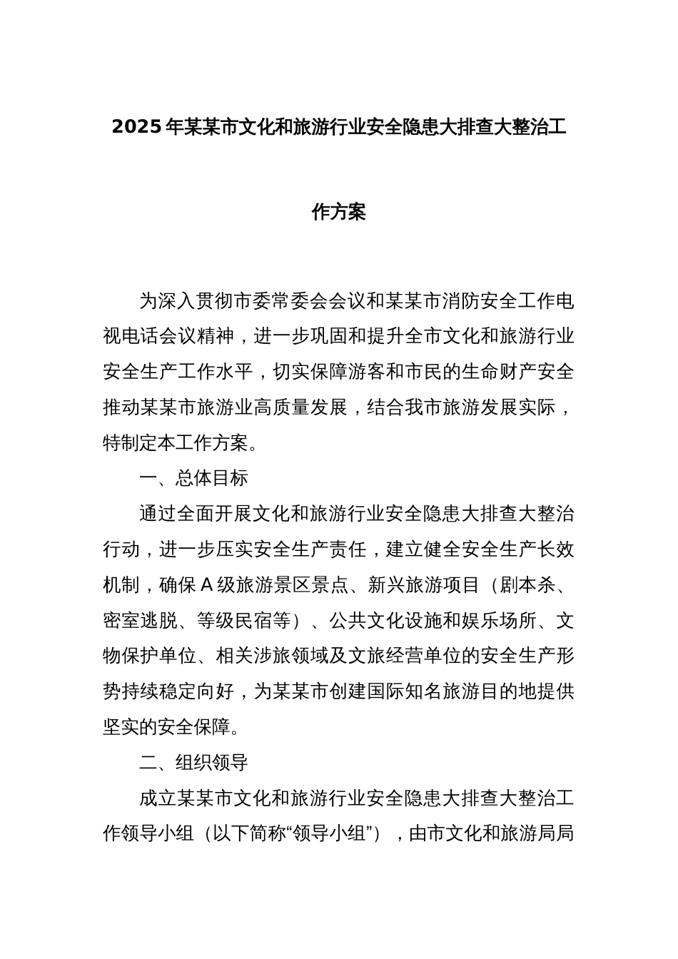 2025年某某市文化和旅游行业安全隐患大排查大整治工作方案_第1页