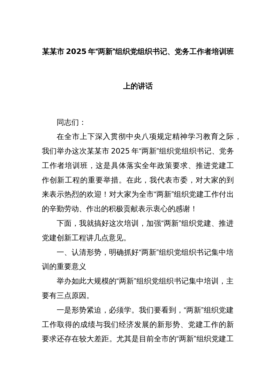 某某市2025年“两新”组织党组织书记、党务工作者培训班上的讲话_第1页
